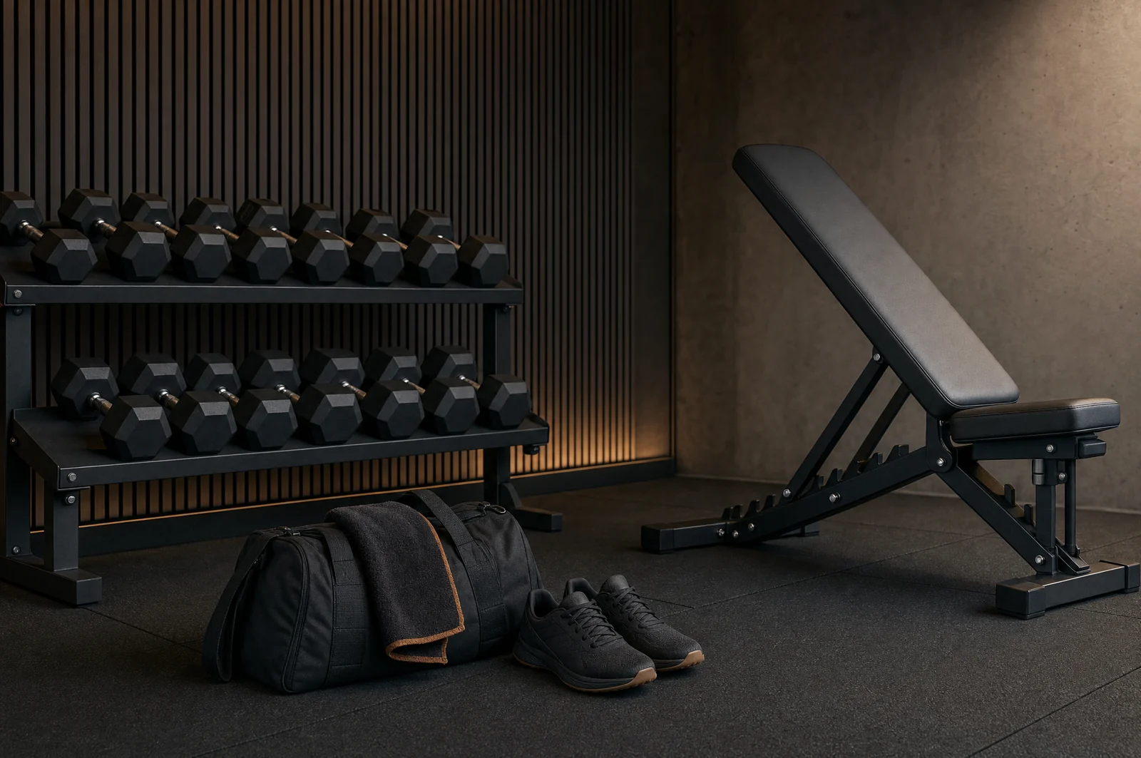 A dumbbell rack and adjustable bench with a gym bag in a softly lit training studio.