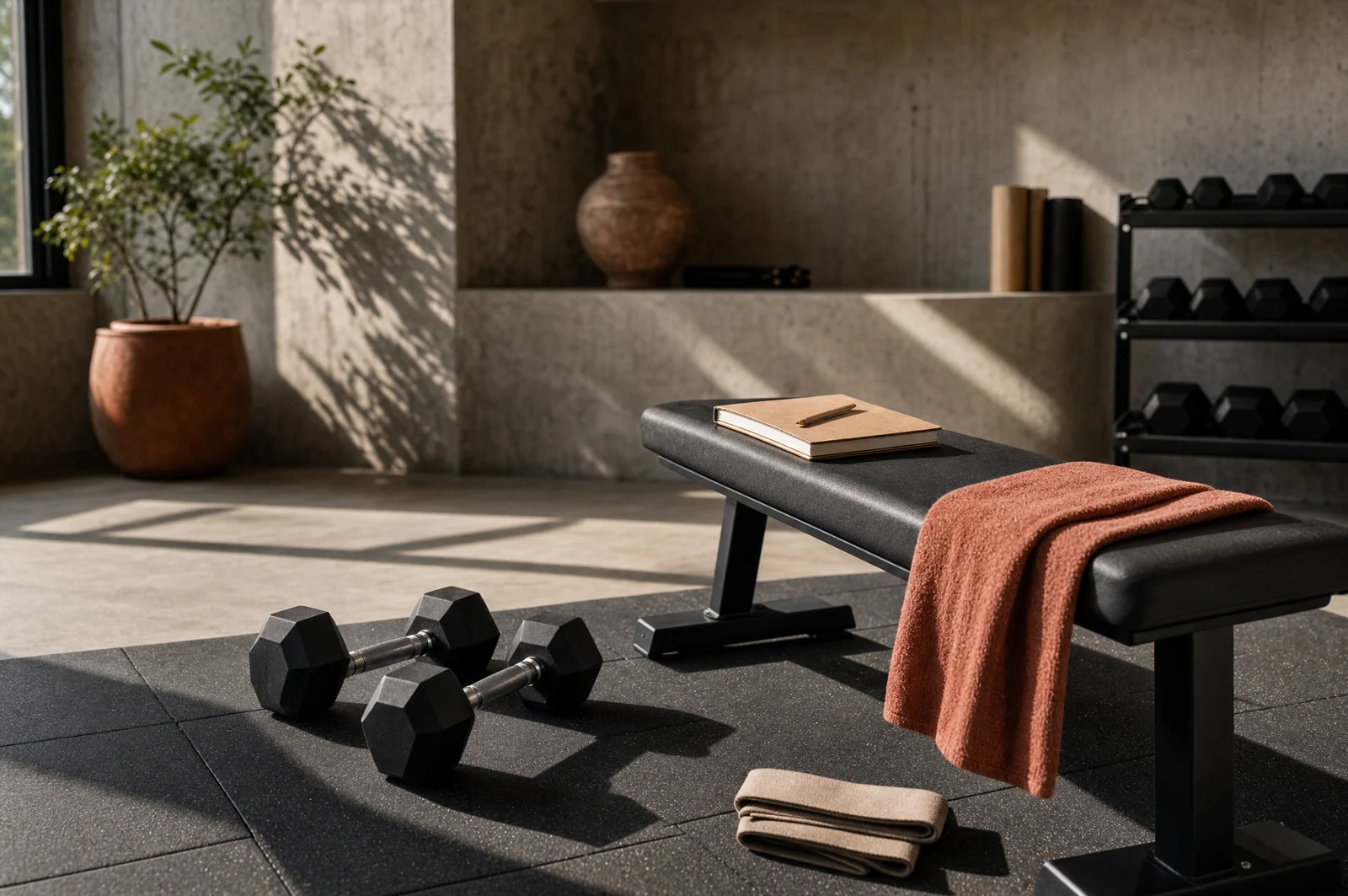 Dumbbells beside a flat bench, a training notebook and a folded terracotta towel.