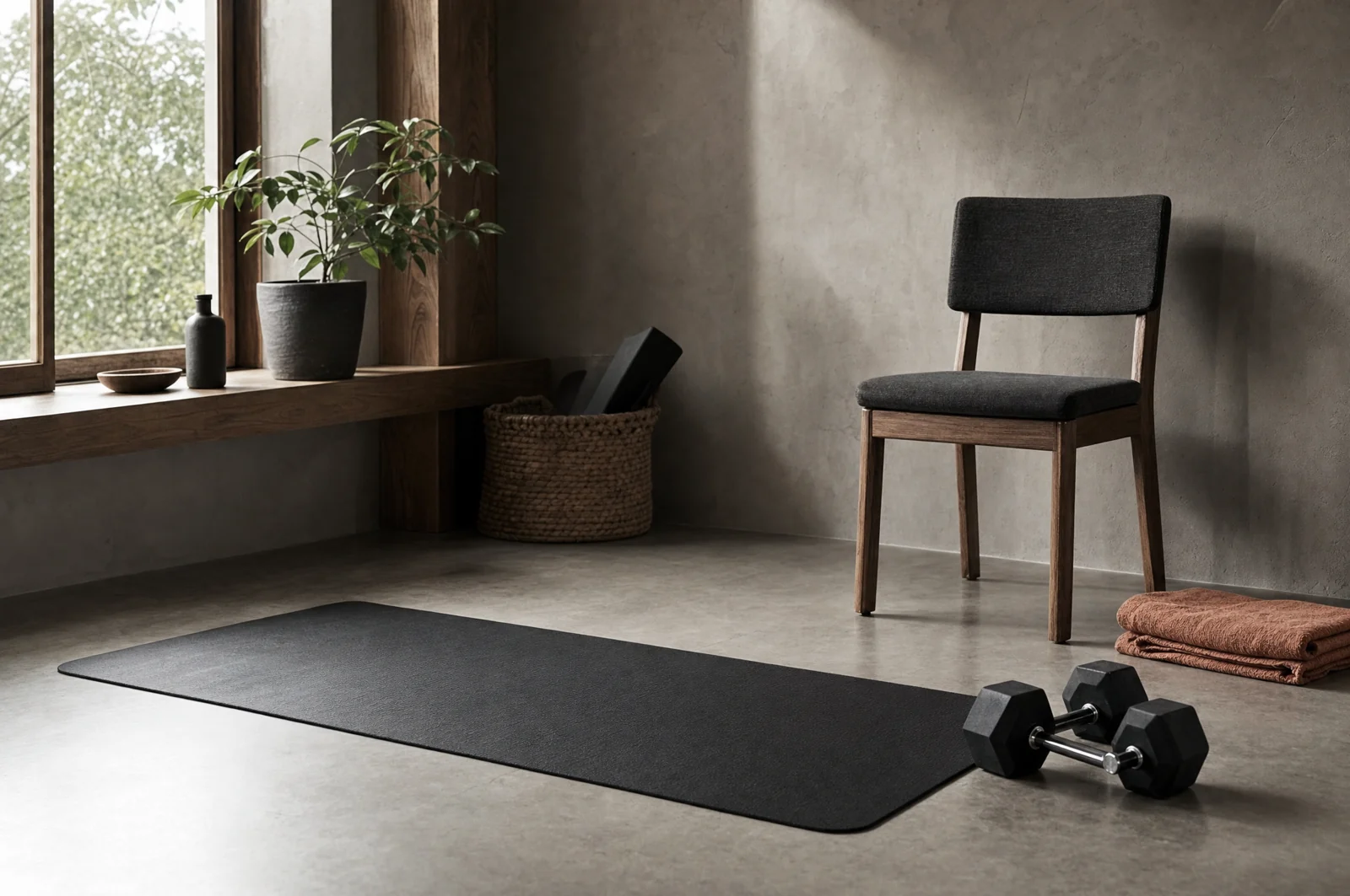 Black dumbbells, an exercise mat and a sturdy chair in a sunlit home training corner.