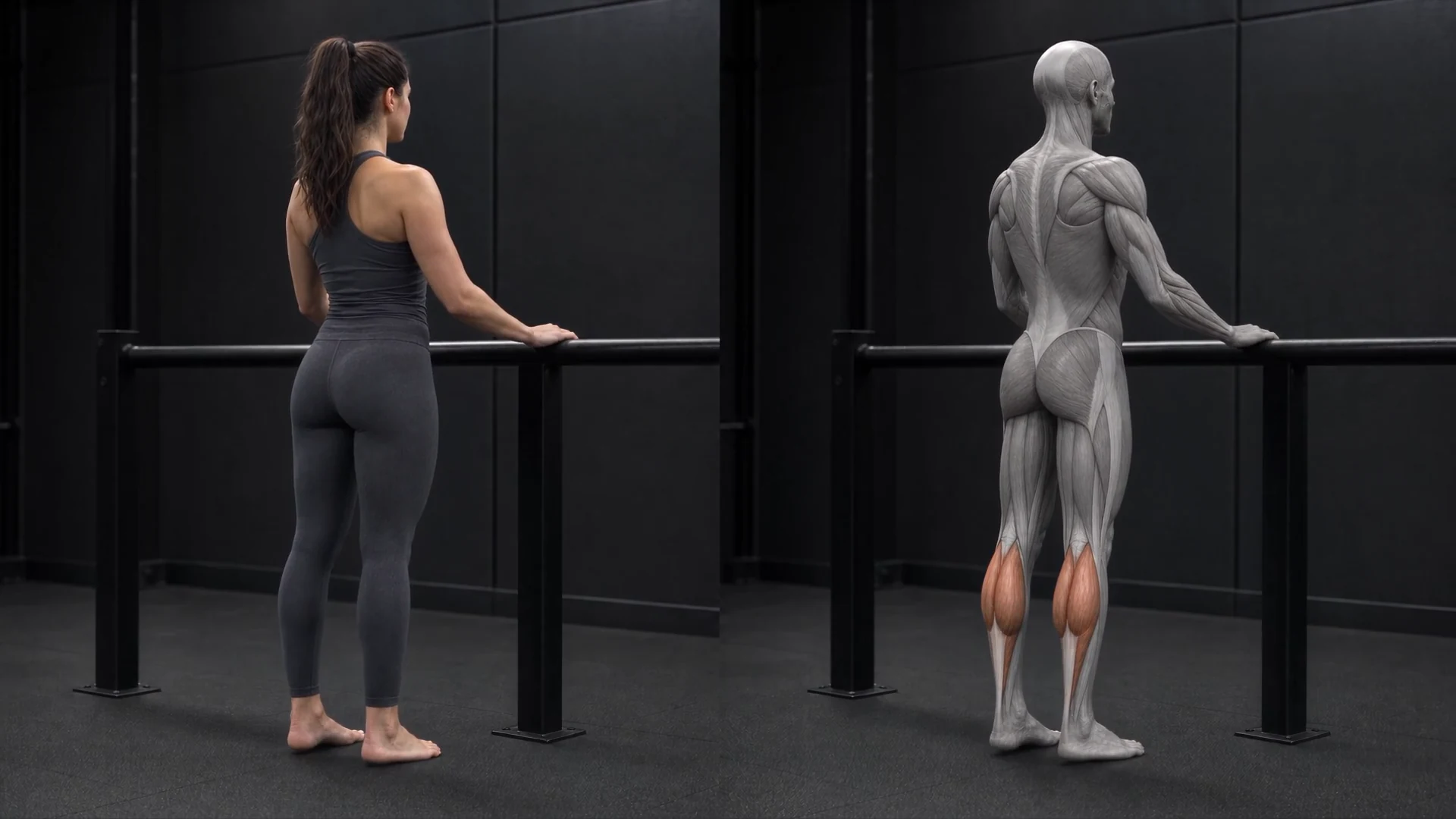Supported calf raise exercise beside its anatomical illustration